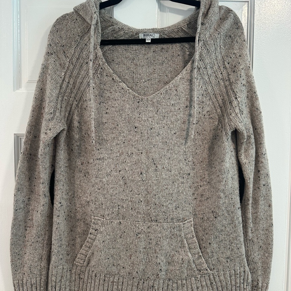 Buffalo David Bitton Speckled Gray V-Neck Sweater with a Hood